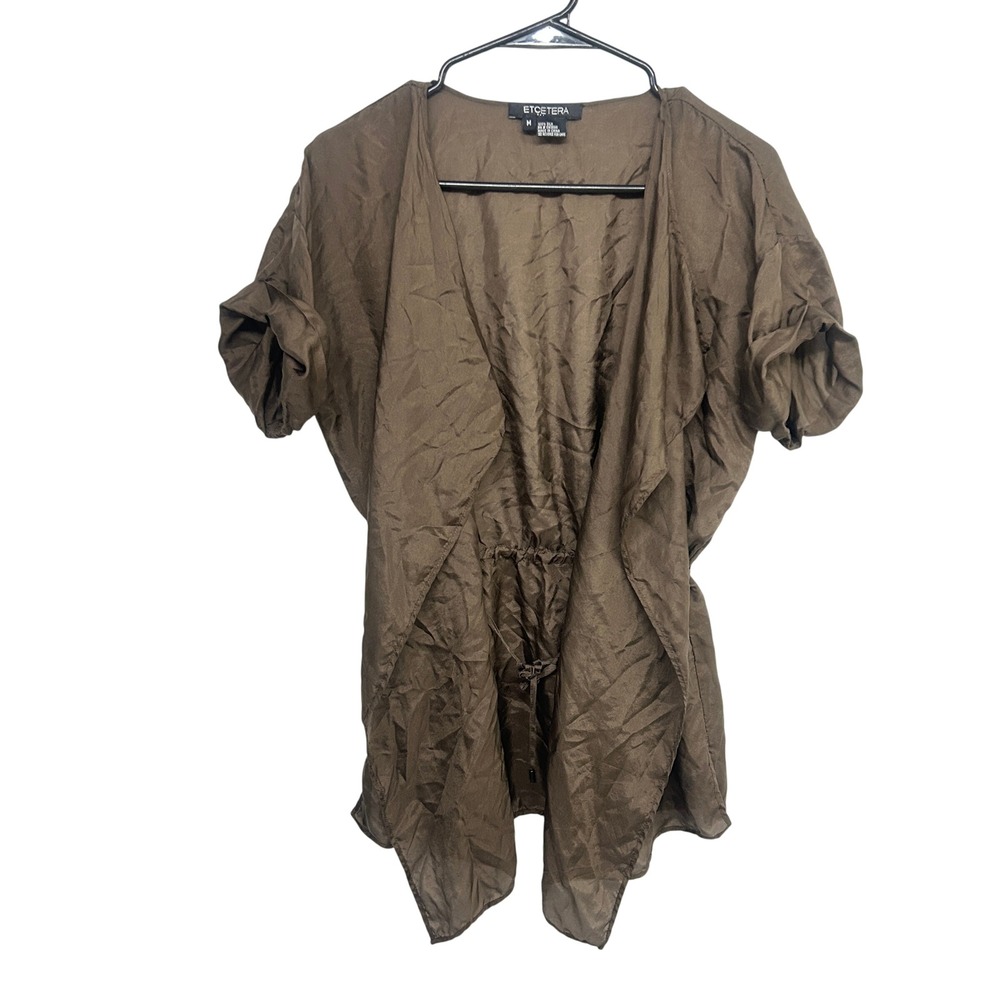 Silk Draped Open Front Blouse M Brown Drawstring Romantic Quiet Luxury Resort